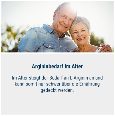Lächelndes älteres Ehepaar, Text: Argininbedarf im Alter