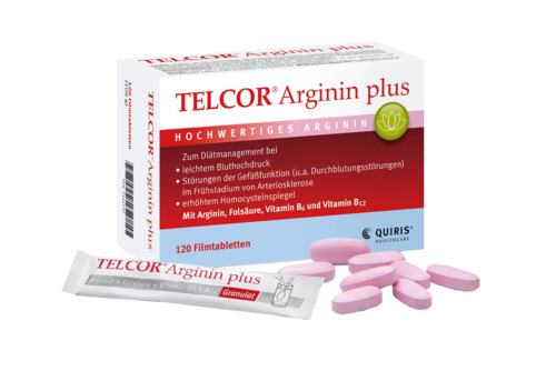 Telcor Arginin plus Produktverpackung mit Granulat und Tabletten davor liegend