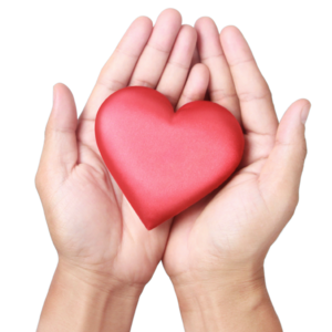 Rotes Herz aus Holz liegt in den Händen