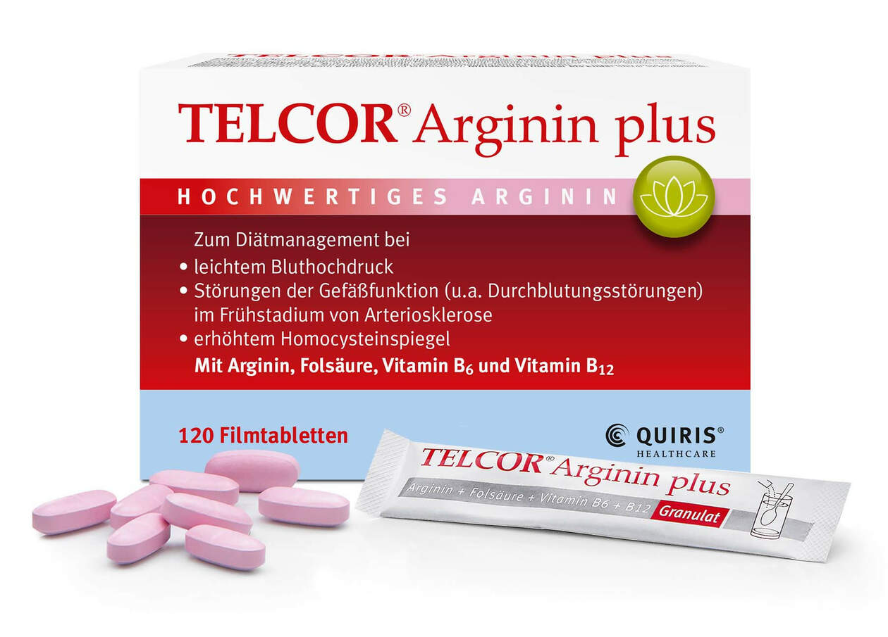 Telcor Arginin plus Produktverpackung mit Tabletten und Granulat davor positioniert