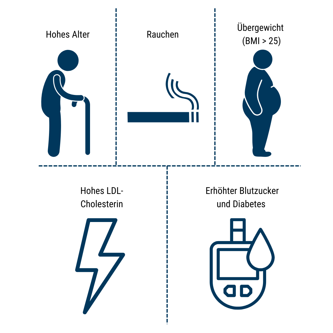 Abbildung der Big 5 Risikofaktoren für Herz-Kreislauf-Erkrankungen, nämlich hohes Alter, genetische Veranlagung, Übergewicht, erhöhtes Cholesterin, Diabetes und Rauchen.